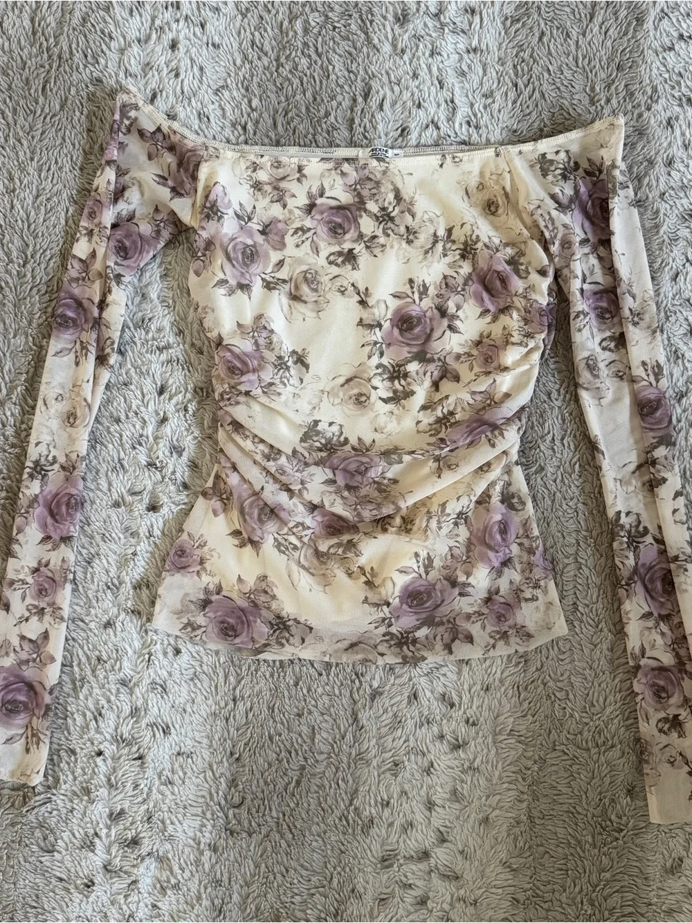 Ardene Off-Shoulder Floral Mesh Top in Cream - Picture 9 of 9